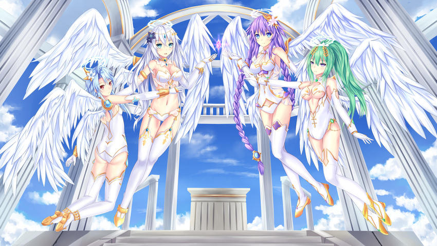 ahoge angel_wings aqua_eyes ass black_heart blue_hair boots braid breasts cleavage day elbow_gloves flower four_goddesses_online:_cyber_dimension_neptune garter_straps gloves green_hair green_heart hair_between_eyes hair_flower hair_ornament halo highres large_breasts leotard long_hair looking_at_viewer medium_breasts multiple_girls muwa12 neptune_(series) open_mouth outdoors ponytail power_symbol purple_eyes purple_hair purple_heart red_eyes sideboob sky small_breasts smile thighhighs twin_braids very_long_hair white_hair white_heart wings