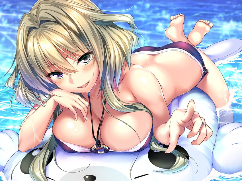 amakano barefoot bikini blue_eyes blush breasts brown_hair cleavage game_cg grey_eyes hair_intakes heterochromia highres inflatable_raft jewelry kanbayashi_mizuki large_breasts long_hair looking_at_viewer lying mole mole_under_eye o-ring o-ring_bikini o-ring_top on_stomach open_mouth piromizu pointing pointing_at_viewer purple_bikini ring short_hair_with_long_locks smile solo swimsuit wedding_band