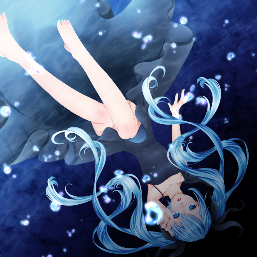 black_dress black_ribbon blue_eyes blue_hair collarbone dress hair_ribbon hatsune_miku highres long_hair ribbon sakurai_sakurako shinkai_shoujo_(vocaloid) solo underwater vocaloid