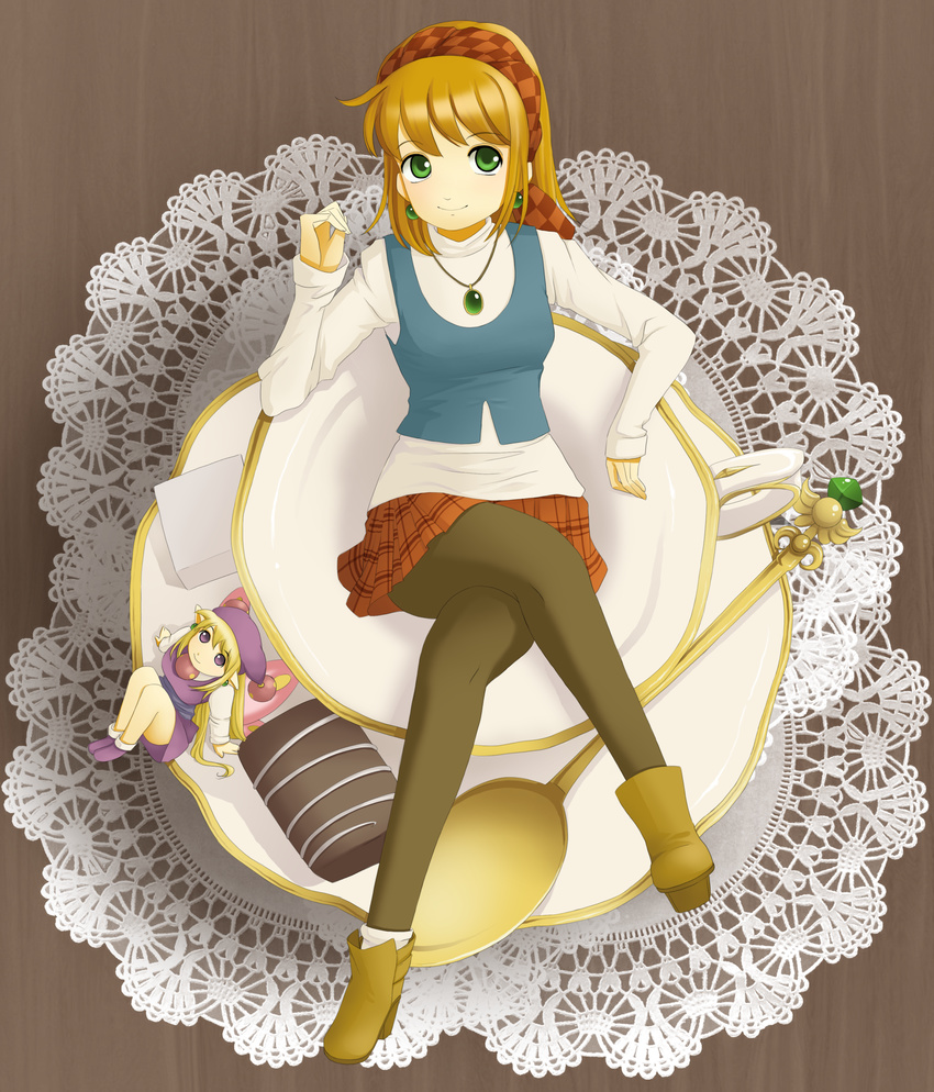 absurdres blonde_hair cornet_espoir cup dress green_eyes hairband hat highres jewelry kururu_(rhapsody) long_hair marl_kingdom multiple_girls nippon_ichi pantyhose red_hair rhapsody short_hair smile spoon sweater turtleneck turtleneck_sweater wings