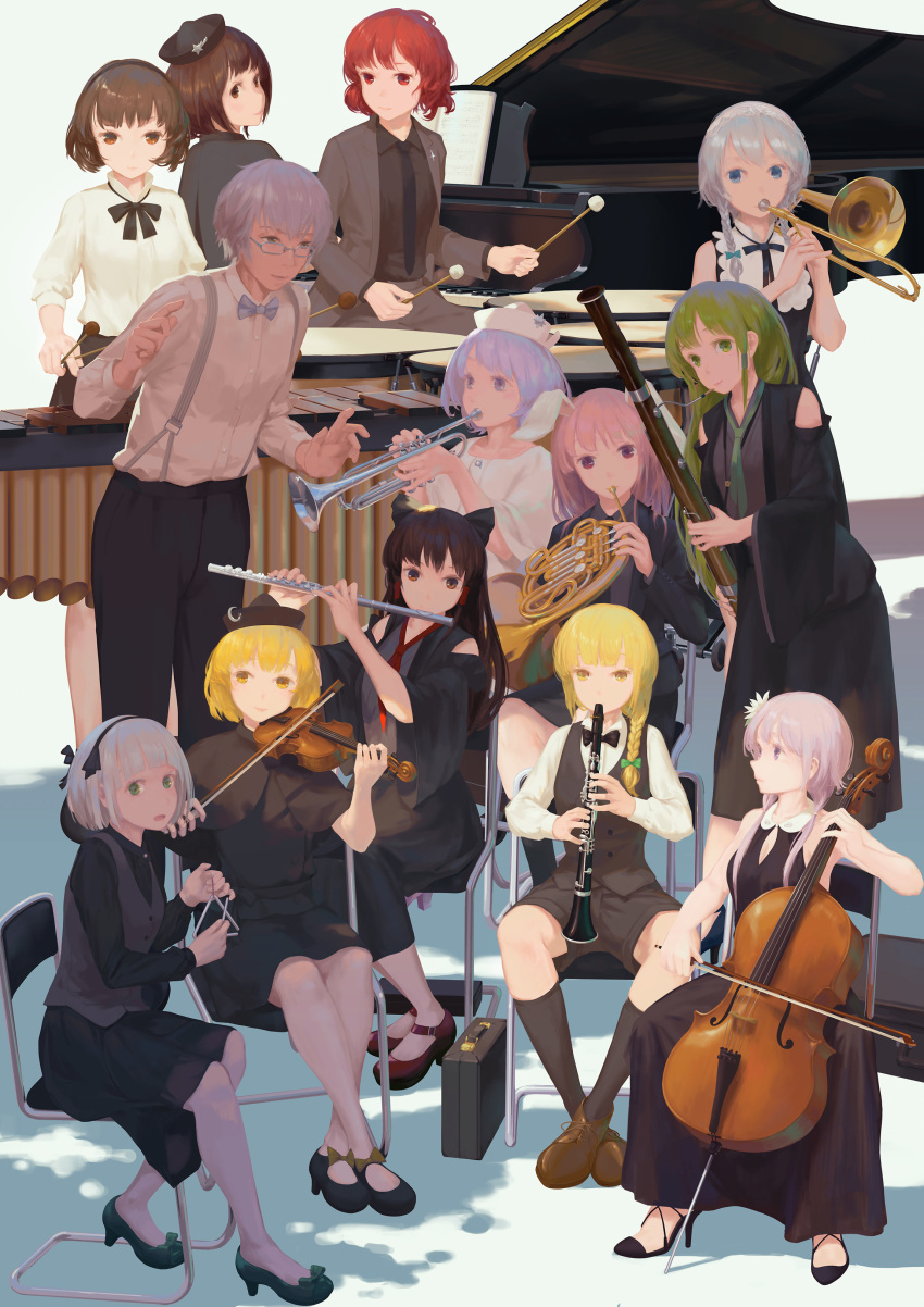 1boy 6+girls absurdres alternate_costume alternate_hairstyle bassoon black_dress black_footwear black_legwear black_neckwear black_pants black_shirt black_skirt blonde_hair blue_eyes blue_neckwear bow bow_(instrument) bowtie braid brown_eyes brown_footwear brown_hair capelet cello chair check_instrument chinese_commentary clarinet cleavage_cutout closed_mouth commentary_request contemporary crescent crossed_ankles detached_sleeves dress dress_shirt drum drum_set drumsticks flower flute french_horn from_above glasses green_eyes green_footwear green_hair hair_bow hair_flower hair_ornament hair_tubes hairband hakurei_reimu hat high_heels highres holding holding_instrument horikawa_raiko instrument instrument_request izayoi_sakuya jq kirisame_marisa kneehighs kochiya_sanae konpaku_youmu lavender_hair leaning_forward long_hair long_skirt long_sleeves looking_at_another looking_at_viewer looking_away looking_back low_twintails lunasa_prismriver lyrica_prismriver mallet_(instrument) marimba merlin_prismriver miniskirt mixed-language_commentary morichika_rinnosuke multiple_girls music neck_ribbon necktie on_chair open_mouth pants piano playing_instrument purple_eyes purple_hair red_eyes red_footwear red_hair reisen_udongein_inaba ribbon sheet_music shirt shoes short_hair shorts side_braid silver_hair sitting skirt sleeveless sleeveless_dress smile standing star_hat_ornament suspenders touhou triangle_(instrument) trombone trumpet tsukumo_benben tsukumo_yatsuhashi twin_braids twintails vest violin white_shirt wide_sleeves yellow_eyes