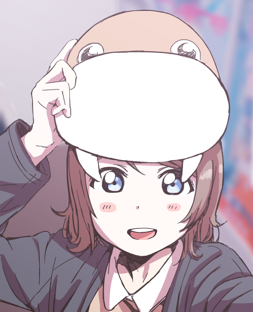 :d absurdres animal_hat blue_eyes blurry blurry_background blush gamjolno grey_hair hat highres jacket long_sleeves looking_at_viewer love_live! love_live!_sunshine!! open_mouth reaching_out self_shot short_hair smile solo uchicchii upper_body watanabe_you