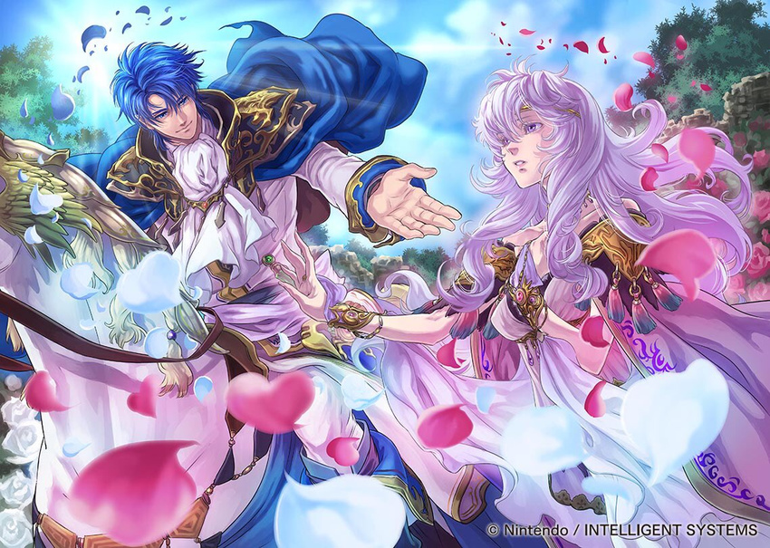 1girl blue_cape blue_eyes blue_hair cape circlet collarbone company_connection copyright_name detached_sleeves diadora_(fire_emblem) dress fire_emblem fire_emblem:_seisen_no_keifu fire_emblem_cipher flower hetero horse horseback_riding husband_and_wife jewelry lavender_hair leaf long_hair nature official_art outdoors petals pink_flower pink_rose purple_cape purple_eyes purple_hair reaching_out riding rose short_hair sidelocks sigurd_(fire_emblem) suzuki_rika wavy_hair white_flower white_rose
