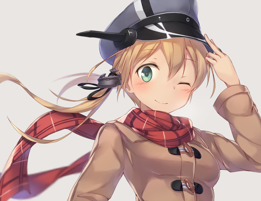 ;) anchor_hair_ornament bangs black_ribbon blonde_hair blurry blush brown_coat coat commentary_request depth_of_field duffel_coat green_eyes grey_background hair_between_eyes hair_ornament hair_ribbon hand_on_headwear hat highres kantai_collection long_hair looking_at_viewer metindone military_hat one_eye_closed prinz_eugen_(kantai_collection) red_scarf ribbon scarf smile solo twintails