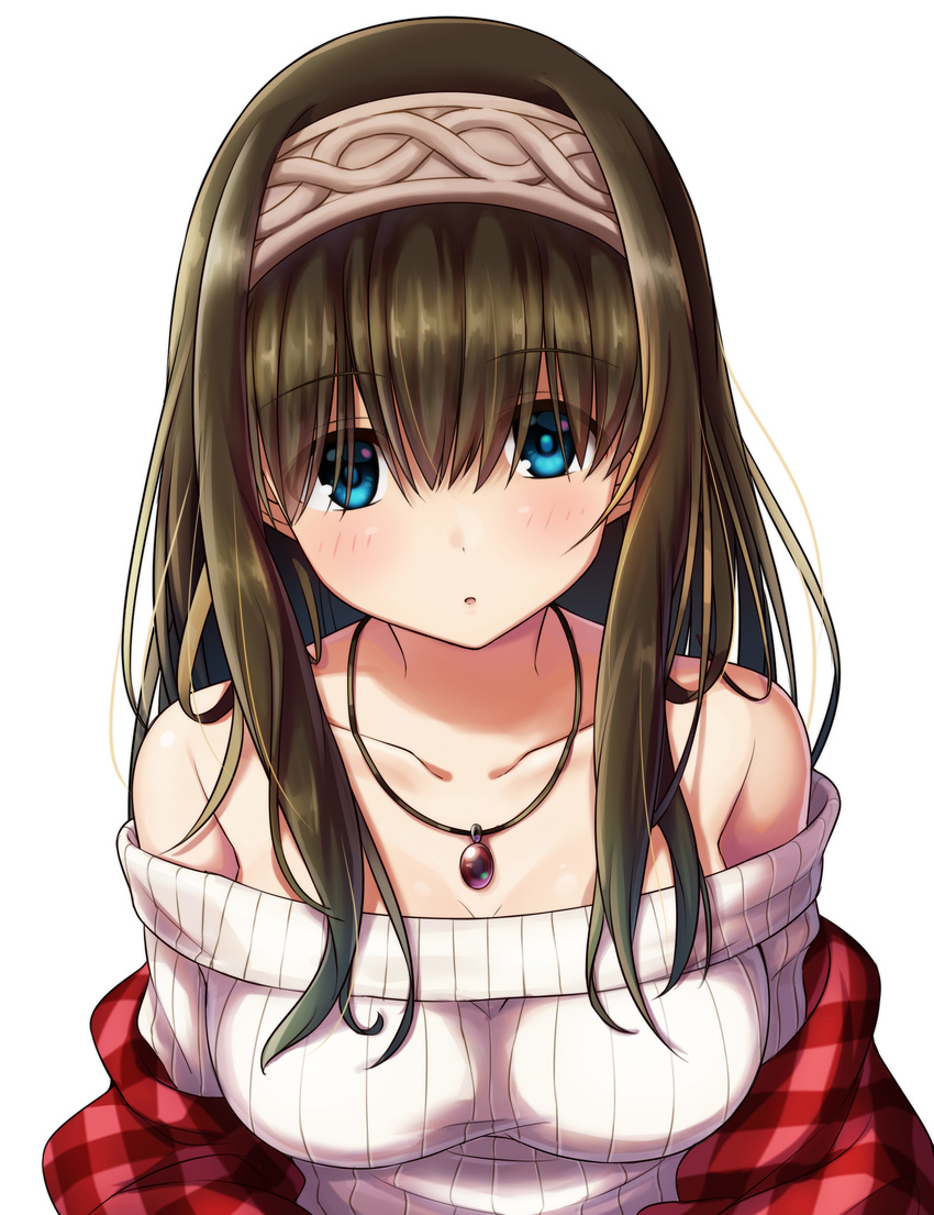 :o absurdres bangs bare_shoulders blue_eyes blush breasts brown_hair cleavage collarbone commentary_request eyebrows_visible_through_hair hairband highres idolmaster idolmaster_cinderella_girls jewelry long_hair looking_at_viewer medium_breasts off-shoulder_sweater off_shoulder pendant rariemonn ribbed_sweater sagisawa_fumika sidelocks solo sweater upper_body