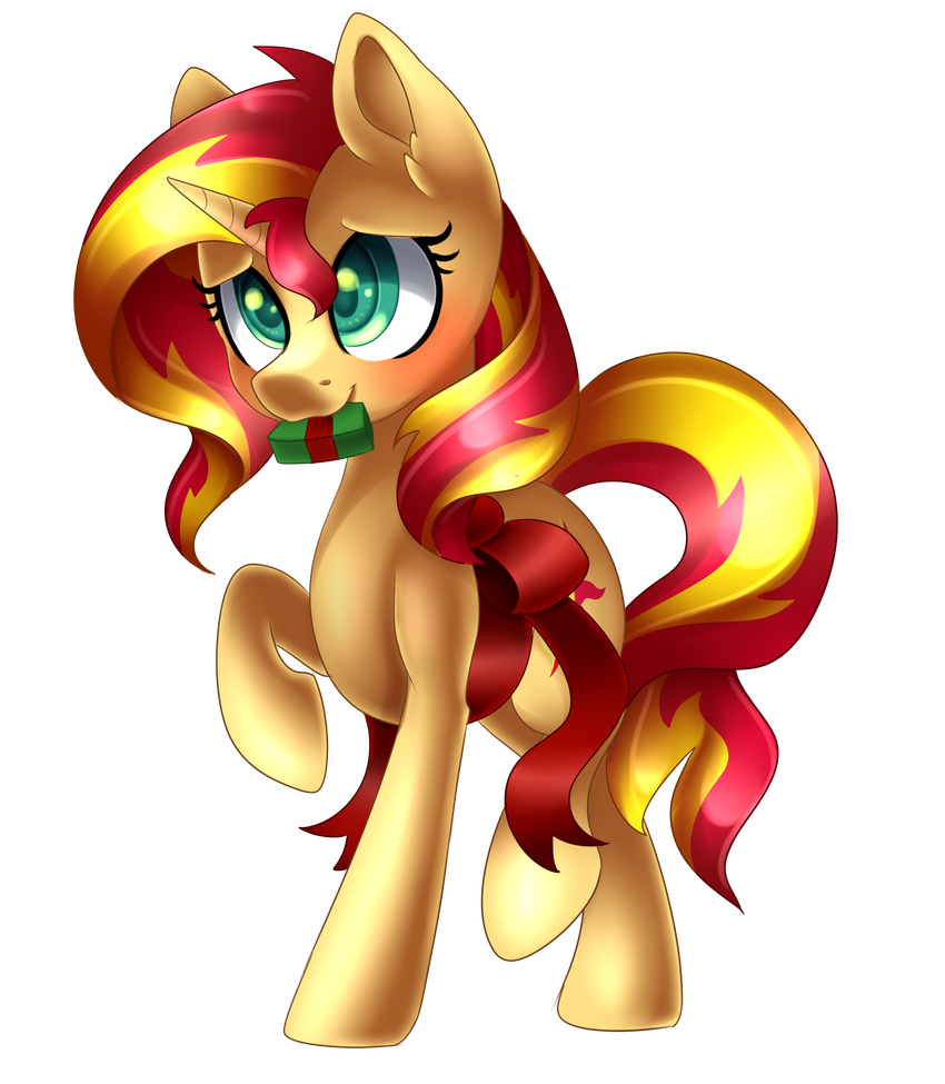 2016 alpha_channel cutie_mark equestria_girls equine female feral fur gift green_eyes hair hi_res horn mammal multicolored_hair my_little_pony orange_fur scarlet-spectrum simple_background solo sunset_shimmer_(eg) transparent_background two_tone_hair unicorn