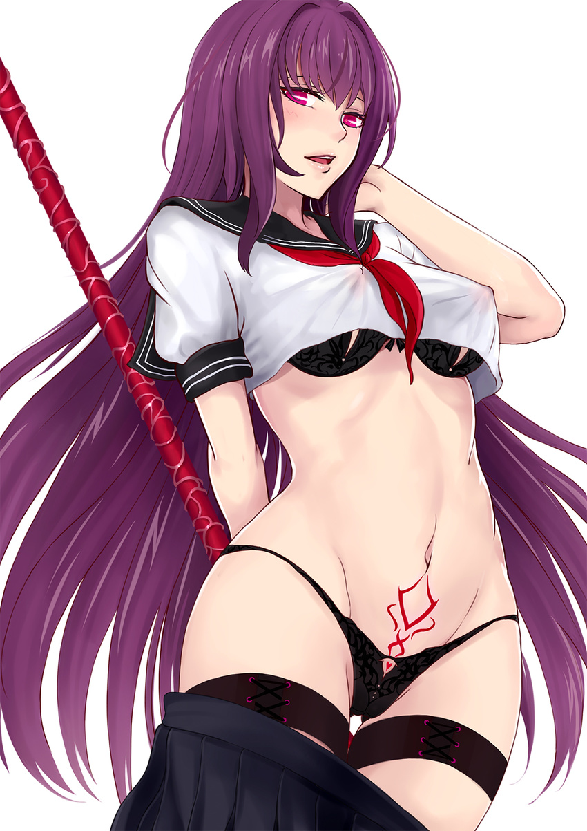 black_panties breasts covered_nipples fate/grand_order fate_(series) gae_bolg highres illusionk large_breasts long_hair looking_at_viewer open_mouth panties polearm purple_hair red_eyes scathach_(fate)_(all) scathach_(fate/grand_order) school_uniform serafuku simple_background solo spear tattoo thigh_strap underwear weapon white_background