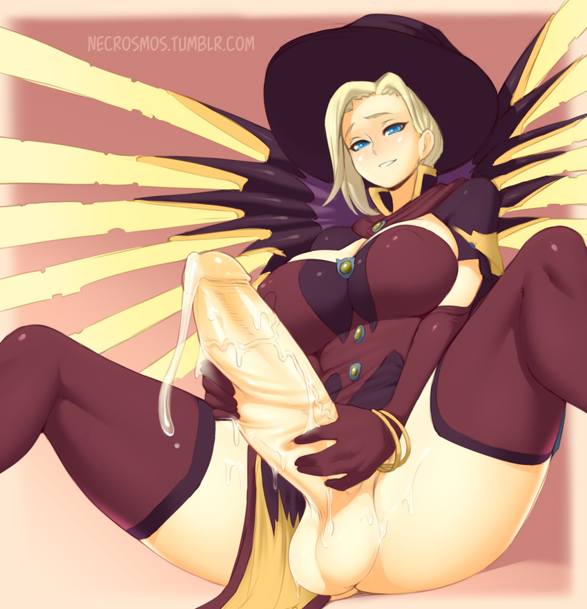 alternative_costume angela_ziegler blonde_hair blue_eyes breasts cleavage erection futanari halloween hat huge_penis large_breasts looking_at_viewer mercy_(overwatch) necrosmos overwatch penis solo spread_legs testicles thighhighs witch witch_hat