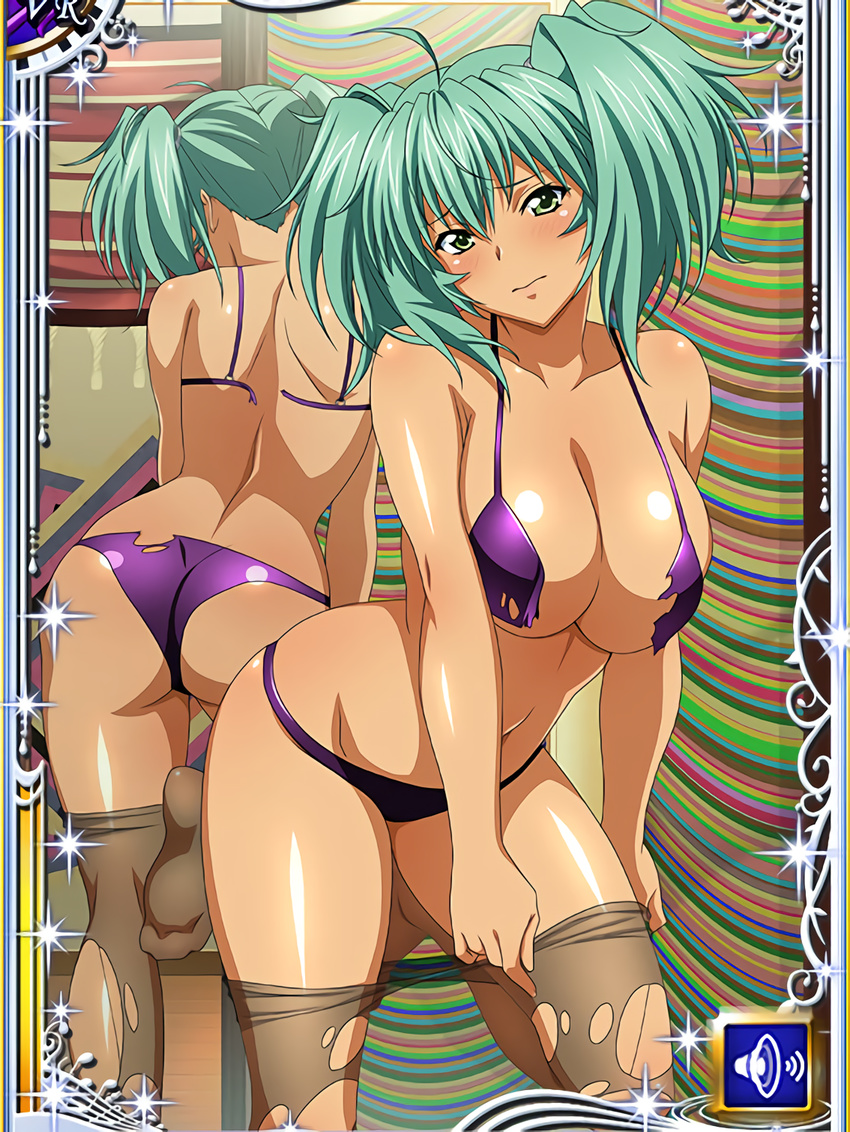 1girl ass bra breasts dark_skin ikkitousen large_breasts mirror panties ryofu_housen solo standing torn_clothes