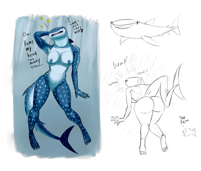 2016 ambiguous_gender anthro armpits blue_body blue_nipples breasts butt countershading destiny_(finding_dory) dialogue digital_media_(artwork) disney duo english_text exposed_breasts feet female feral fin finding_dory fish front_view fullmetalmentalist looking_at_viewer lordvader914 marine multicolored_body multiple_poses nipples nude one_eye_closed open_mouth open_smile pixar pose pussy rear_view shaded shark side_view simple_background sketch sketch_page smile solo_focus spots spotted_body tail_fin text three-quarter_view underwater water whale_shark white_body