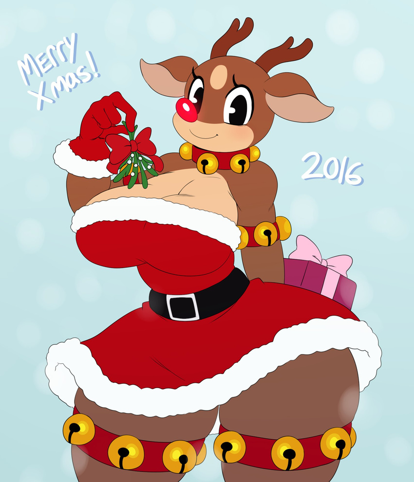 anthro antlers bell big_breasts big_butt breasts butt cervine christmas clothing dress gift gloves holidays horn mammal mistletoe plant red_nose reindeer rudolph sssonic2 thick_thighs wide_hips