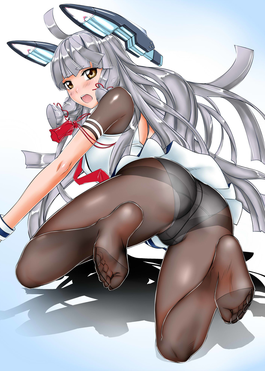 ass black_legwear blush commentary_request crotch_seam d: embarrassed feet gloves gradient gradient_background grey_hair headgear highres kantai_collection long_hair looking_at_viewer midou_tsukasa murakumo_(kantai_collection) open_mouth panties panties_under_pantyhose pantyhose partially_visible_vulva remodel_(kantai_collection) shadow sidelocks solo thighband_pantyhose underwear upskirt white_gloves white_panties yellow_eyes