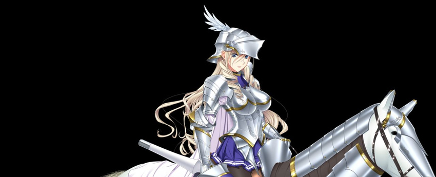 1girl armor armored_boots black_legwear blonde_hair blue_eyes blue_skirt boots breasts celia_kumani_entory drill_hair female gauntlets helmet holding holding_weapon horse large_breasts long_hair looking_at_viewer pantyhose pleated_skirt polearm skirt solo spaulders spear transparent_background walkure_romanze weapon