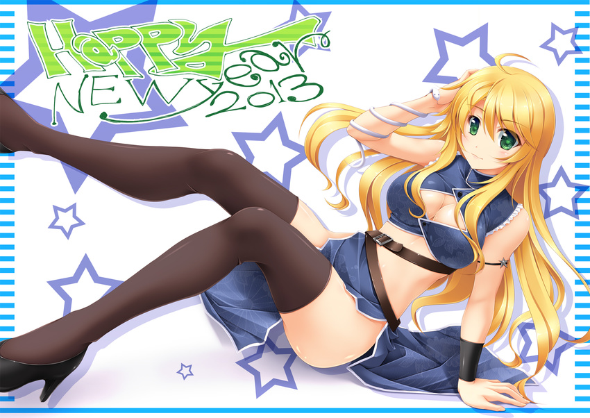 2013 ahoge arm_support black_legwear blonde_hair breasts cleavage cleavage_cutout green_eyes hand_in_hair highres hoshii_miki idolmaster idolmaster_(classic) idolmaster_2 kamishiro_mai_(capti-no) long_hair medium_breasts solo star thighhighs