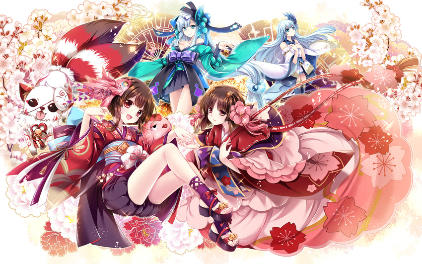 :d aoandon bangs bare_shoulders bell blush commentary_request detached_sleeves floral_background floral_print flower fox full_body geta hair_flower hair_ornament highres japanese_clothes jingle_bell kagura_(onmyoji) kimono kohaku_(onmyoji) long_hair long_sleeves looking_at_viewer low-tied_long_hair mask mask_on_head multiple_girls multiple_tails obi onmyoji onmyouji open_mouth sakura_(onmyoji) sakurano_tsuyu sash short_hair sidelocks smile tail two_tails very_long_hair wide_sleeves yuki_onna yuki_onna_(onmyoji)