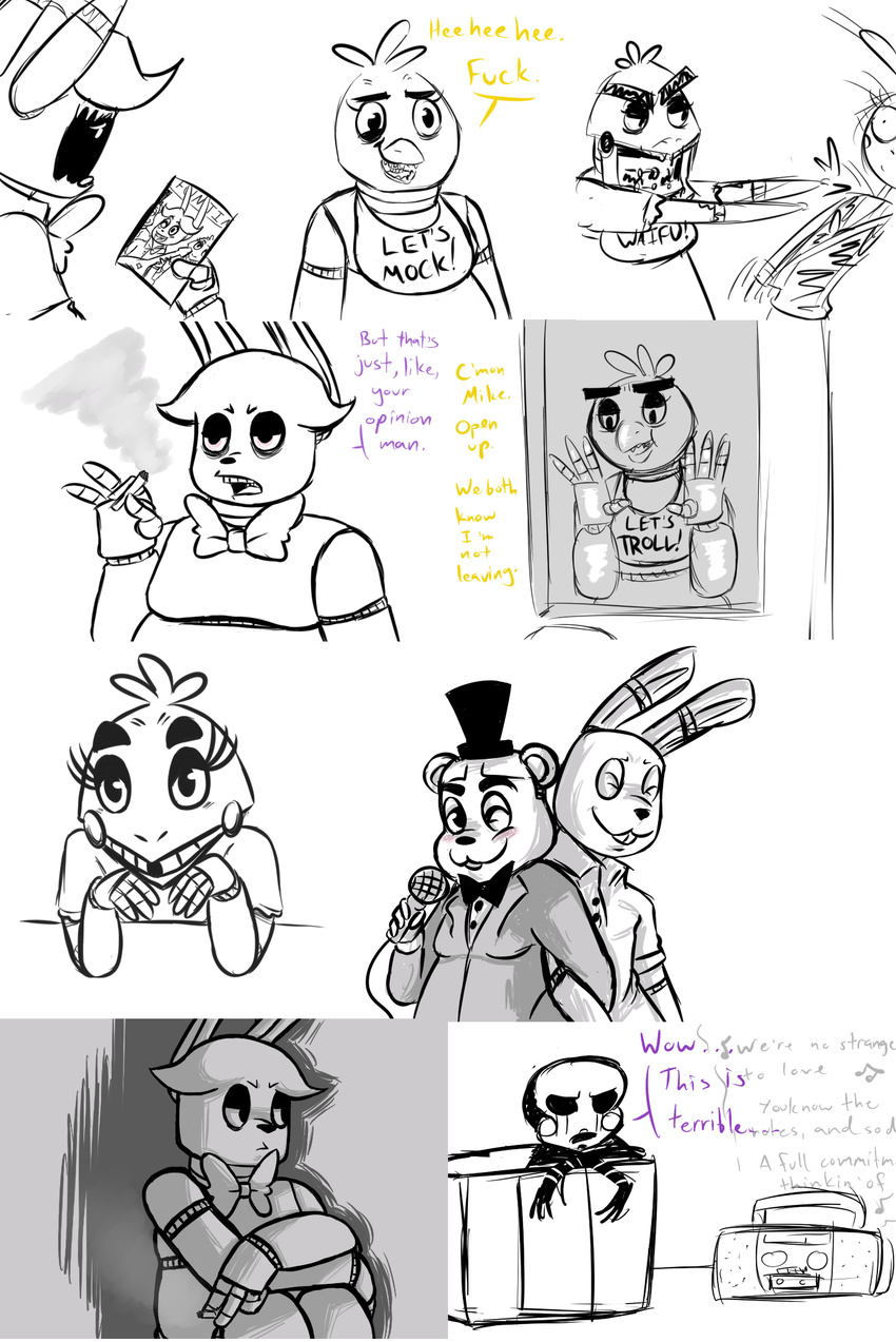 2015 animatronic anthro avian bear bib bird bloodshot_eyes blush bonnie_(fnaf) boombox bow_tie chica_(fnaf) chicken cigarette crossed_arms dialogue english_text female five_nights_at_freddy's five_nights_at_freddy's_2 group guitar hat humanoid inkyfrog lagomorph machine male mammal marionette_(fnaf) microphone musical_instrument photo rabbit restricted_palette robot simple_background smoking text top_hat toy_bonnie_(fnaf) toy_freddy_(fnaf) video_games white_background withered_bonnie_(fnaf) withered_chica_(fnaf)