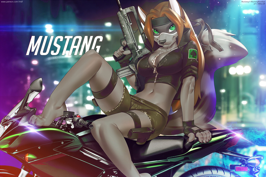 5_fingers anthro barefoot breasts brown_hair clothed clothing female green_eyes gun hair holding_object holding_weapon looking_at_viewer midriff miles_df navel ranged_weapon smile solo weapon