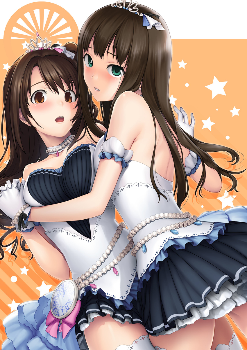 absurdres bare_shoulders blush breast_press breasts brown_eyes brown_hair dress from_behind gloves green_eyes highres holding_hands idolmaster idolmaster_cinderella_girls idolmaster_cinderella_girls_starlight_stage interlocked_fingers leg_between_thighs long_hair looking_at_viewer looking_back medium_breasts multiple_girls one_side_up open_mouth parted_lips pocket_watch shibuya_rin shimamura_uzuki starry_sky_bright tanaka_shoutarou thighhighs tiara watch white_gloves