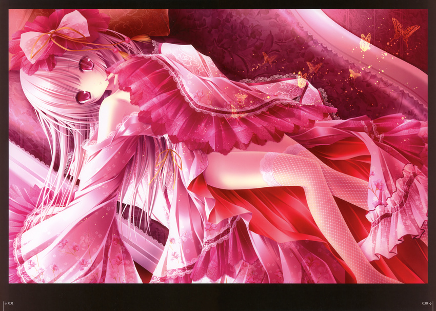 absurdres bow bug butterfly dress hair_bow highres huge_filesize insect long_hair looking_at_viewer lying nail_polish on_back open_clothes open_dress original pink_bow pink_dress pink_hair red_eyes red_nails solo thighhighs tinker_bell