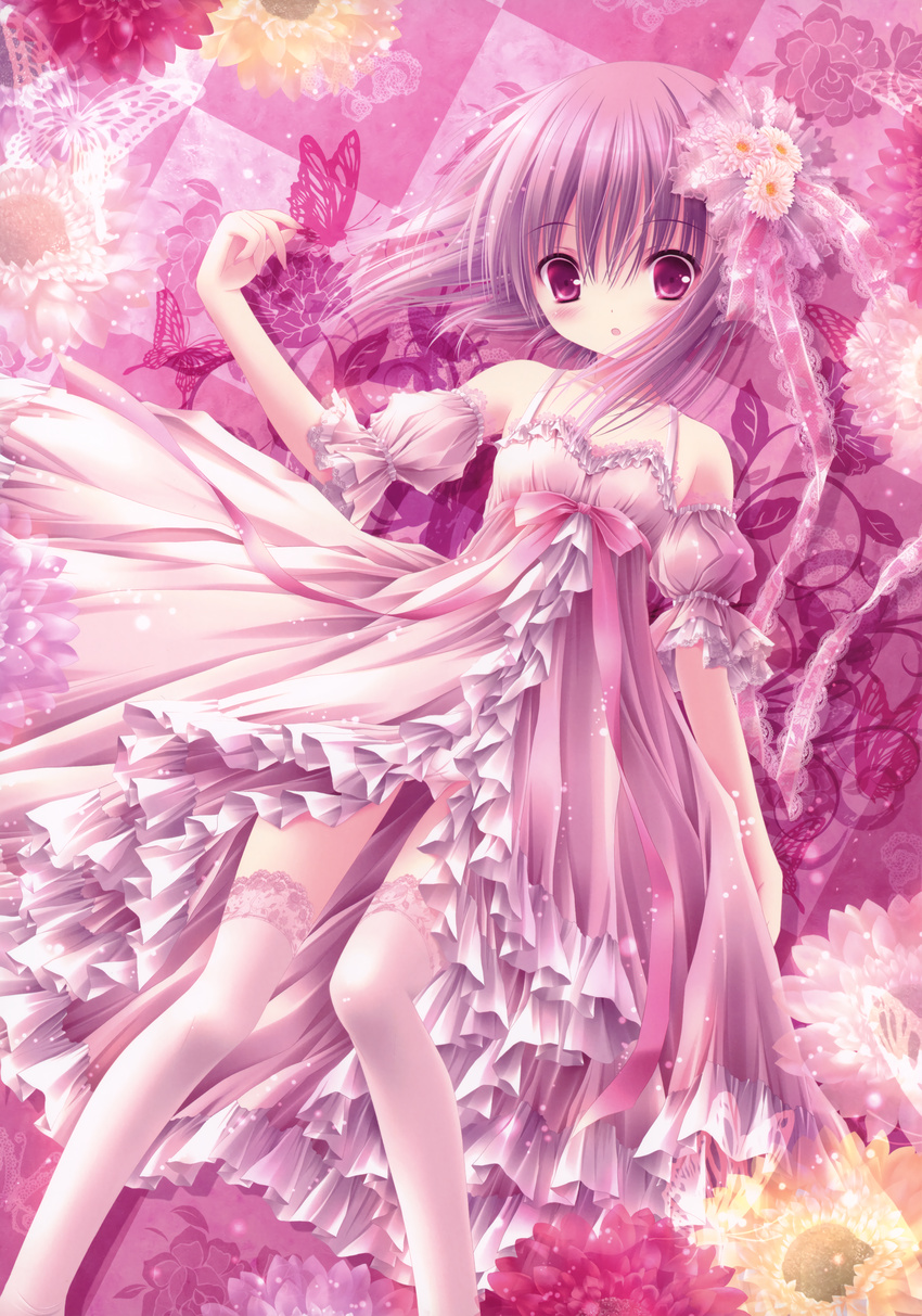 absurdres bug butterfly checkered checkered_background collarbone detached_sleeves dress eyebrows flat_chest flower hair_flower hair_ornament highres insect long_hair minato_tomoka pink_eyes pink_hair pink_ribbon ribbon rou-kyuu-bu! see-through sleeveless sleeveless_dress solo thighhighs tinker_bell white_dress white_flower white_legwear