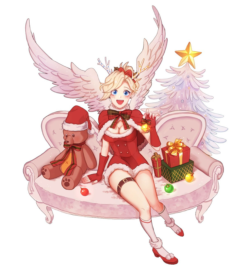 :d angel_wings antlers arm_at_side bell blonde_hair blue_eyes blush bow bowtie box breasts capelet christmas christmas_ornaments christmas_tree cleavage dress earrings elbow_gloves feathered_wings fingerless_gloves fingernails full_body fur-trimmed_hat fur-trimmed_legwear fur_trim gift gift_box gloves hair_ribbon hand_up hat highres holding jewelry medium_breasts mercy_(overwatch) nail_polish open_mouth overwatch perio_67 pink_nails pom_pom_(clothes) ponytail red_dress red_footwear red_gloves red_hat red_ribbon reindeer_antlers ribbon santa_hat shoes short_dress sitting smile socks solo spread_wings stud_earrings stuffed_animal stuffed_toy teddy_bear thigh_strap white_legwear wings