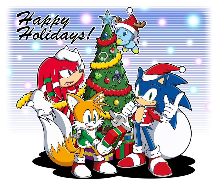 absurdres box chao_(sonic) christmas christmas_ornaments christmas_tree furry gift gift_box gloves hat highres knuckles_the_echidna male_focus multiple_boys official_art sack santa_costume santa_hat shoes sneakers sonic sonic_the_hedgehog tails_(sonic) white_gloves