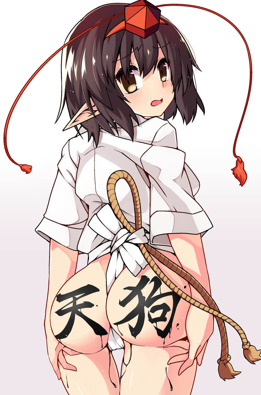 absurdres ass black_hair blush body_writing check_translation fundoshi hat highres japanese_clothes kotomuke_fuurin looking_at_viewer looking_back open_mouth pointy_ears red_eyes shameimaru_aya short_hair simple_background solo tokin_hat touhou translated translation_request yamakasa