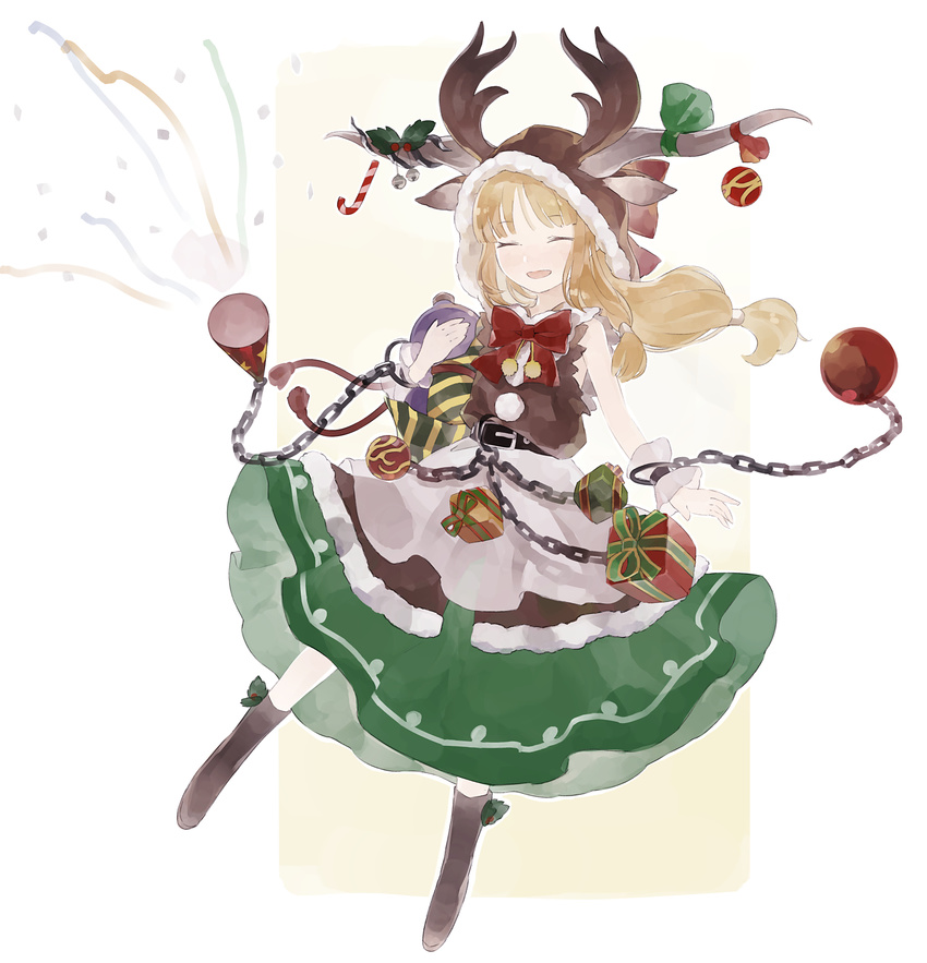^_^ animal_hat boots bow bowtie chain christmas christmas_ornaments closed_eyes full_body fur_trim gift gourd hair_ribbon hat highres horn_ribbon horns ibuki_suika long_hair long_skirt low-tied_long_hair open_mouth red_bow red_neckwear ribbon shihou_(g-o-s) skirt sleeveless smile solo touhou white_background