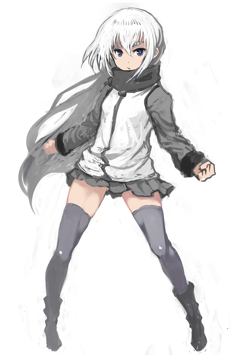 blue_eyes clenched_hands full_body grey_legwear highres jacket johan_(johan13) long_hair looking_at_viewer original pleated_skirt scarf simple_background skirt solo thighhighs white_background white_hair