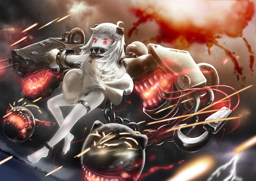 ahoge black_panties brianchan.t.w commentary_request dress enemy_aircraft_(kantai_collection) explosion highres horns kantai_collection long_hair looking_at_viewer machinery mittens northern_ocean_hime panties red_eyes shinkaisei-kan side-tie_panties turret underwear white_dress white_hair white_skin