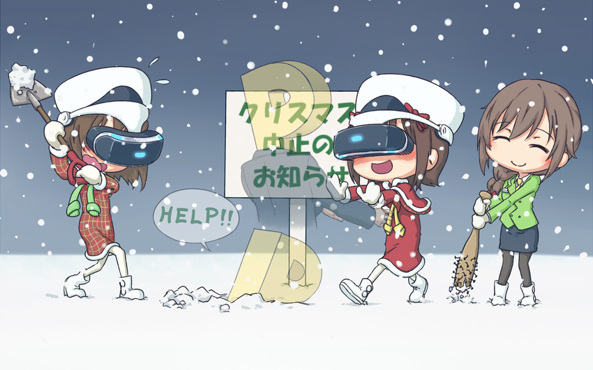 amami_haruka baseball_bat blush brown_hair buried christmas_is_cancelled closed_eyes commentary commentary_request gloves hagiwara_yukiho hair_ribbon help idolmaster idolmaster_(classic) idolmaster_cinderella_girls multiple_girls nail nail_bat open_mouth p-head_producer pantyhose playstation_vr producer_(idolmaster) puton ribbon senkawa_chihiro short_hair shovel snow snowing translated