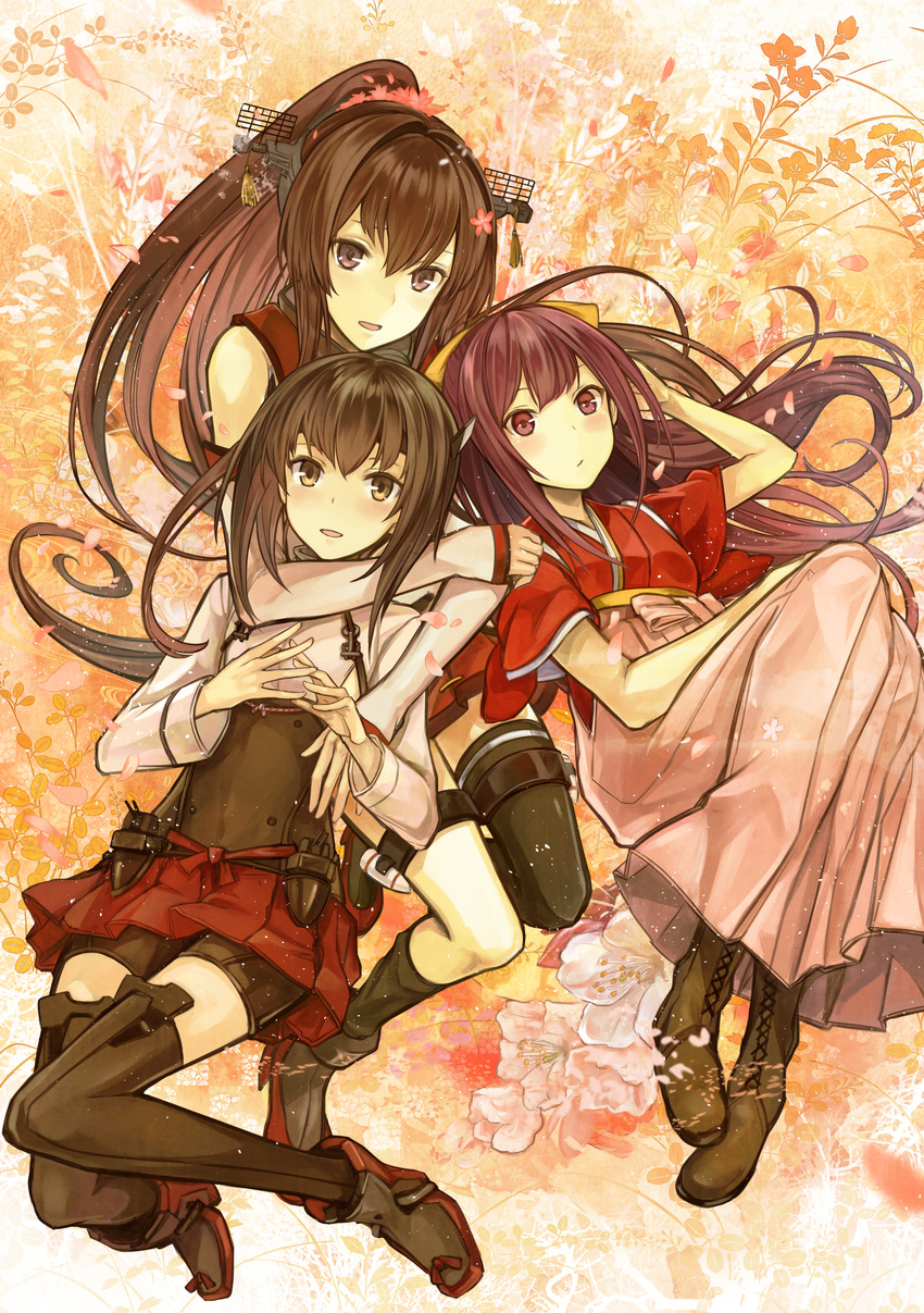 arm_around_neck bike_shorts black_legwear boots bow breasts brown_eyes brown_hair cross-laced_footwear detached_sleeves floral_background flower full_body hair_bow hair_flower hair_ornament hakama headband headgear highres japanese_clothes kamikaze_(kantai_collection) kantai_collection kazabana_fuuka lace-up_boots long_hair looking_at_viewer lying meiji_schoolgirl_uniform miniskirt multiple_girls muneate on_back open_mouth pink_hakama pleated_skirt ponytail purple_eyes purple_hair red_skirt ribbon serious short_hair single_thighhigh skirt small_breasts smile taihou_(kantai_collection) thighhighs very_long_hair yamato_(kantai_collection) yellow_ribbon