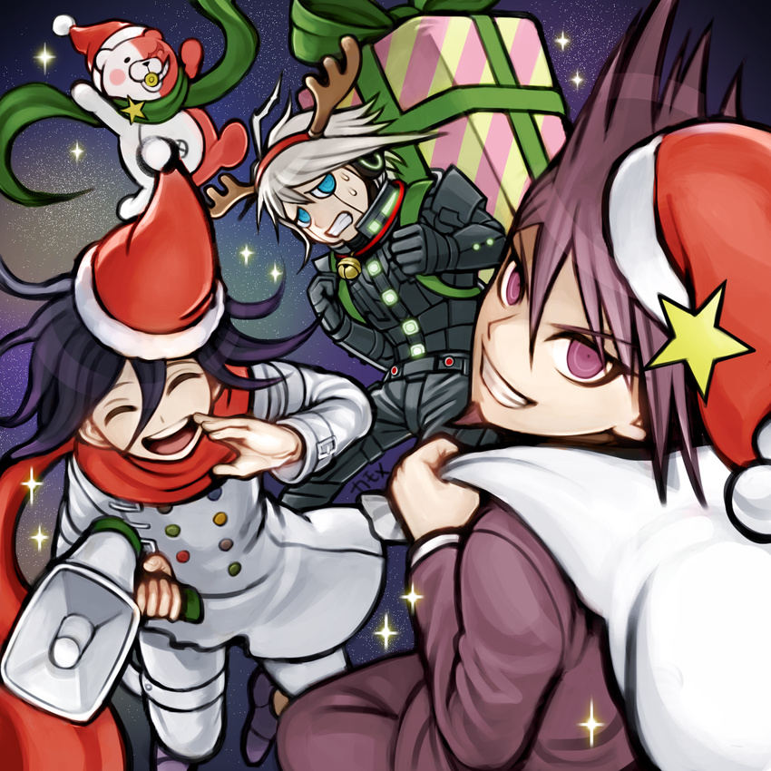 ahoge android antlers bear bell bell_collar black_hair christmas clenched_teeth closed_eyes collar danganronpa facial_hair fake_antlers gift goatee green_scarf hat highres jingle_bell keebo komatsuzaki_rui_(style) looking_at_viewer male_focus megaphone momota_kaito monotarou_(danganronpa) multiple_boys new_danganronpa_v3 night night_sky ouma_kokichi pacifier power_armor purple_eyes red_hat red_scarf rokuichi_(bluelamp61) sack santa_hat scarf signature silver_hair sky smile sparkle spiked_hair star star_(sky) straitjacket sweat teeth white_skin