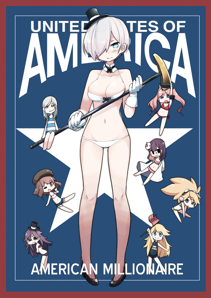 ;d absurdres american_flag andrew_carnegie annotated bikini black_eyes blonde_hair blue_eyes blue_hair blue_swimsuit blush border bow bowtie breasts cane cleavage cornelius_vanderbilt donald_trump eleuthere_irenee_du_pont genderswap genderswap_(mtf) gloves hair_over_one_eye hat henry_ford highres j._p._morgan john_d._rockefeller looking_at_viewer medium_breasts mini_hat mini_top_hat monocle multiple_girls one-piece_swimsuit one_eye_closed open_mouth original pink_bikini pink_hair polka_dot polka_dot_bikini purple_hair red_bikini red_border school_swimsuit short_hair shorts smile swimsuit tansuke thomas_edison top_hat twintails white_bikini white_gloves younger