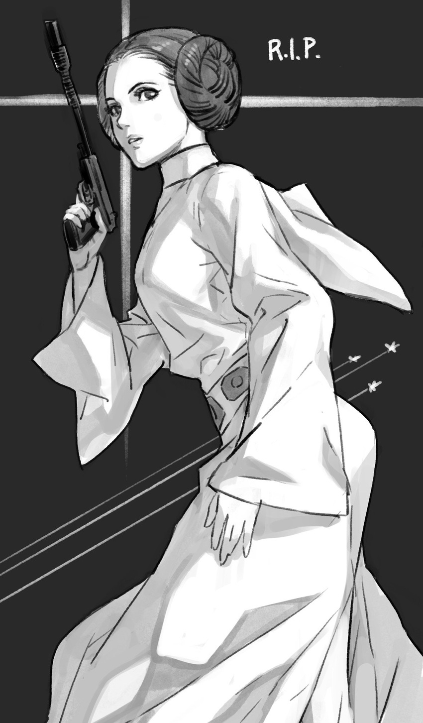 bad_id bad_twitter_id carrie_fisher condensation_trail double_bun greyscale gun handgun highres kozaki_yuusuke looking_at_viewer monochrome parted_lips princess_leia_organa_solo sketch solo star_wars weapon