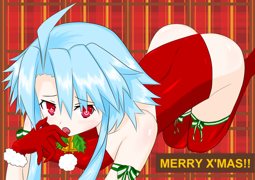 1girl ahoge all_fours artist_request ass bell blanc blue_hair blush choker choujigen_game_neptune christmas compile_heart gloves idea_factory leotard neptune_(series) open_mouth power_symbol red_eyes shiny shiny_clothes shiny_hair shiny_skin short_hair_with_long_locks solo thighhighs white_heart