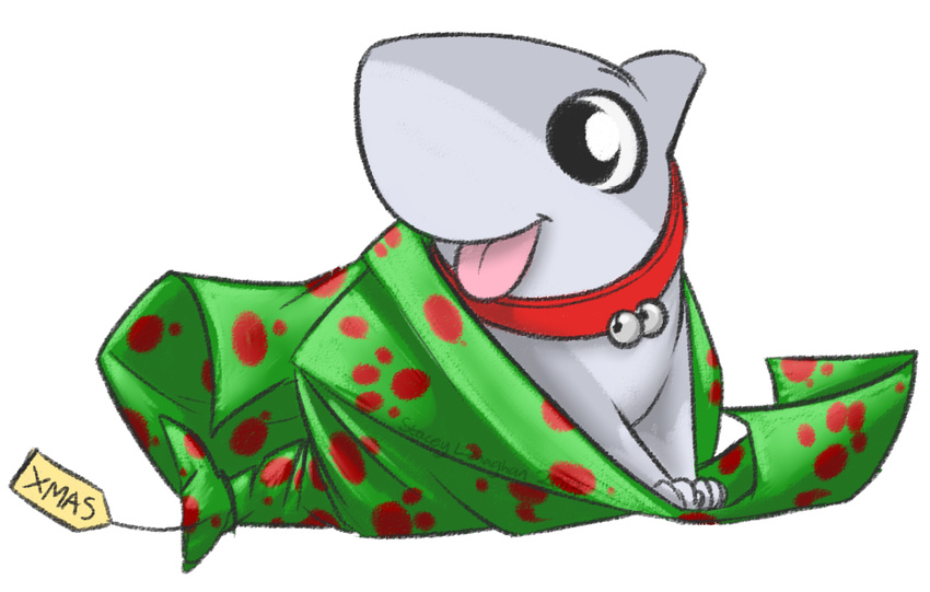 2013 ambiguous_gender bell_collar big_eyes christmas collar cute feral fin fish gift_wrapped holidays marine quadruped shark shark_puppy simple_background smile solo stacey_lenaghan tongue tongue_out white_background