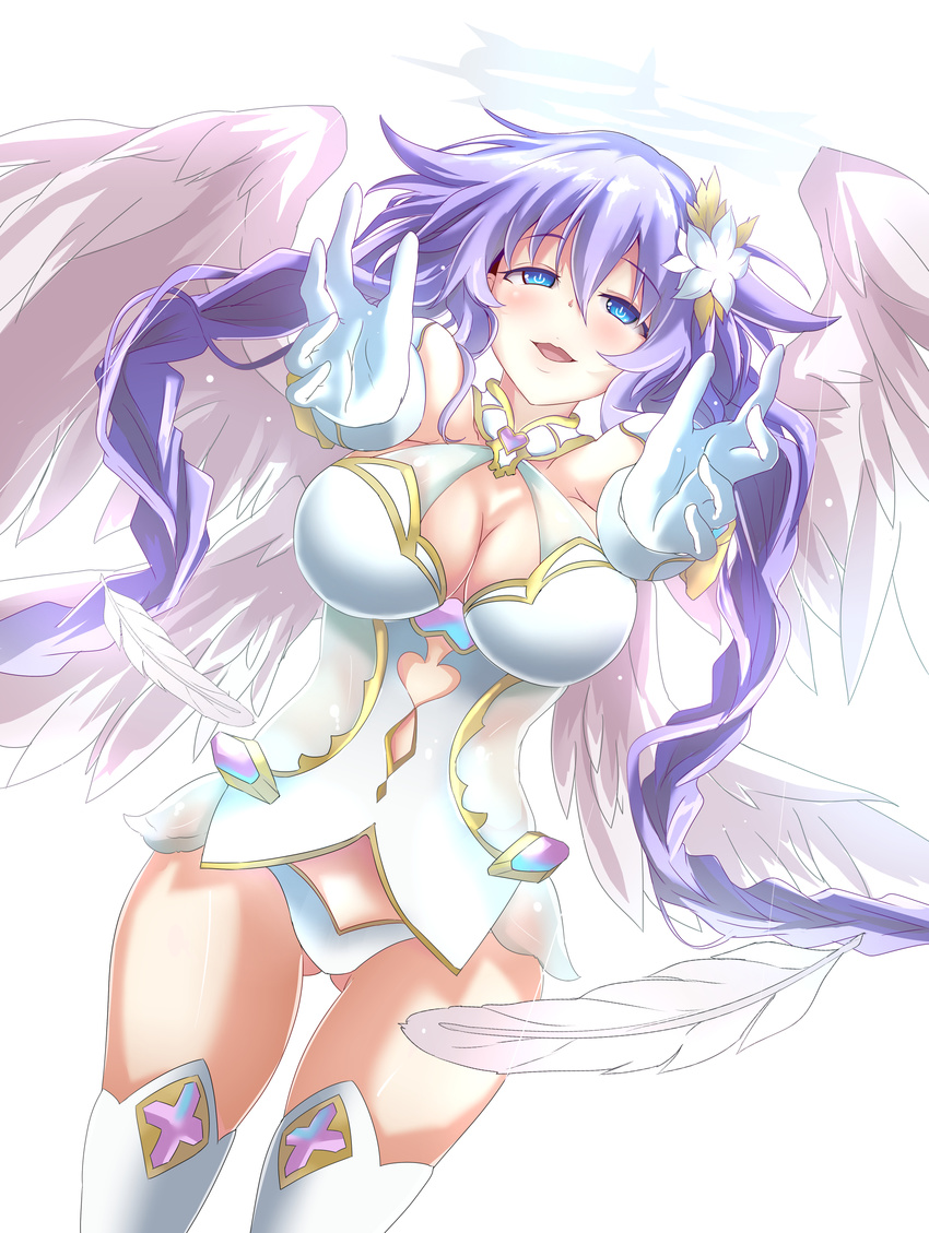 absurdres angel_wings ass_visible_through_thighs bangs blue_eyes braid breasts circlet cleavage colored_eyelashes detached_collar elbow_gloves feathered_wings feathers flower flying four_goddesses_online:_cyber_dimension_neptune garter_straps gem gloves hair_between_eyes hair_flower hair_ornament half-closed_eyes halo highres holding_hands ichigomiruku jewelry large_breasts legs lingerie long_hair looking_at_viewer navel neptune_(choujigen_game_neptune) neptune_(series) open_mouth outstretched_arms purple_hair purple_heart simple_background stomach symbol-shaped_pupils thigh_gap thighhighs thighs tied_hair twin_braids underwear very_long_hair white_background white_feathers white_gloves white_hair white_legwear white_wings wings