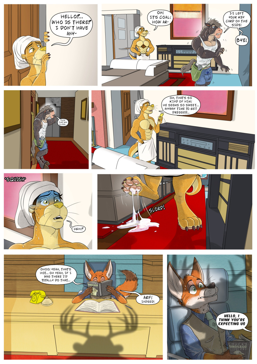 after_sex anthro bulge canine clothed clothing comic cum dialogue digital_media_(artwork) english_text equine fox horse male mammal mustelid otter speech_bubble sweat tawny tawny_otter text towel