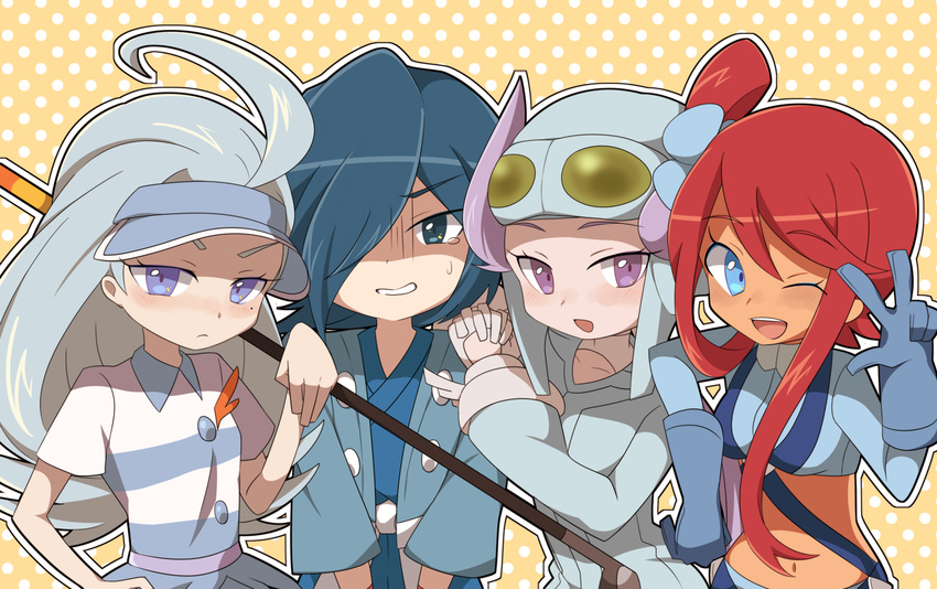 3girls ;d ahoge bangs blue_eyes blue_gloves blue_hair blue_hat blush breasts buttons closed_mouth collarbone collared_shirt crop_top elbow_gloves elite_four eyebrows_visible_through_hair frown fuuro_(pokemon) girl_sandwich gloom_(expression) gloves goggles goggles_on_headwear golf_club gym_leader hair_between_eyes hair_bun hair_over_one_eye hat hayato_(pokemon) highres japanese_clothes kahili_(pokemon) large_breasts long_hair long_sleeves mole mole_under_eye multiple_girls nagi_(pokemon) navel omikuji_(fortunemagnolia) one_eye_closed open_mouth orange_background outline over_shoulder pokemon pokemon_(game) pokemon_bw pokemon_hgss pokemon_oras pokemon_sm polka_dot polka_dot_background purple_eyes purple_hair red_hair sandwiched shaded_face shirt short_hair short_sleeves smile striped striped_shirt sweatdrop teeth tongue trait_connection v visor_cap