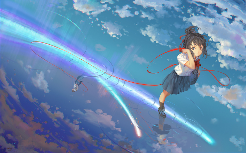1girl alphonse_(white_datura) black_hair blue_skirt bow bowtie brown_eyes cloud cloudy_sky collared_shirt commentary_request hands_in_pockets highres kimi_no_na_wa loafers miyamizu_mitsuha pleated_skirt ponytail red_bow red_neckwear red_string reflection revision school_uniform shirt shoes short_sleeves skirt sky socks standing string tachibana_taki white_shirt