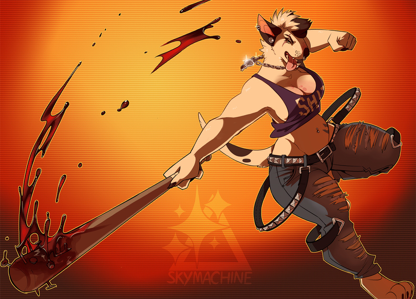 anthro baseball_bat blood canine clothed clothing female mammal navel navel_piercing piercing skymachine solo tongue tongue_out wide_hips