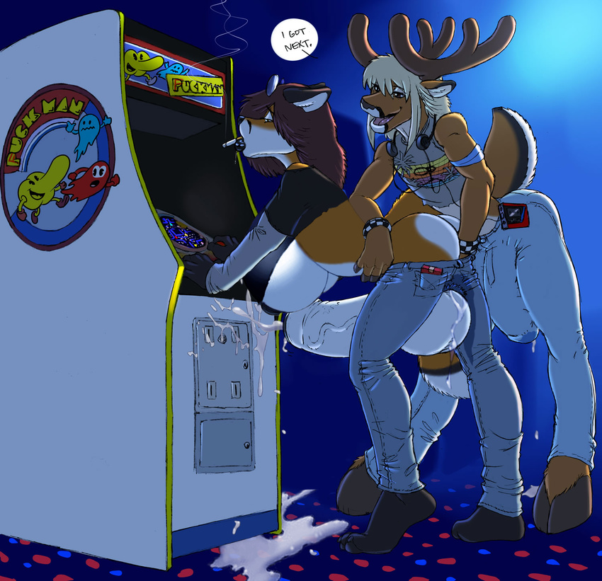 anthro anthro_on_anthro arcade arcade_machine balls bent_over big_balls big_breasts bracelet breasts bulge butt canine cervine cigarette clothed clothing cox cum deer digital_media_(artwork) distracted dripping duo edit erection fingering fox gideon herm huge_balls huge_breasts humanoid_penis hyper hyper_balls hyper_breasts hyper_penis intersex jewelry male male/male mammal orgasm pac-man_(series) penis precum public ruger video_games