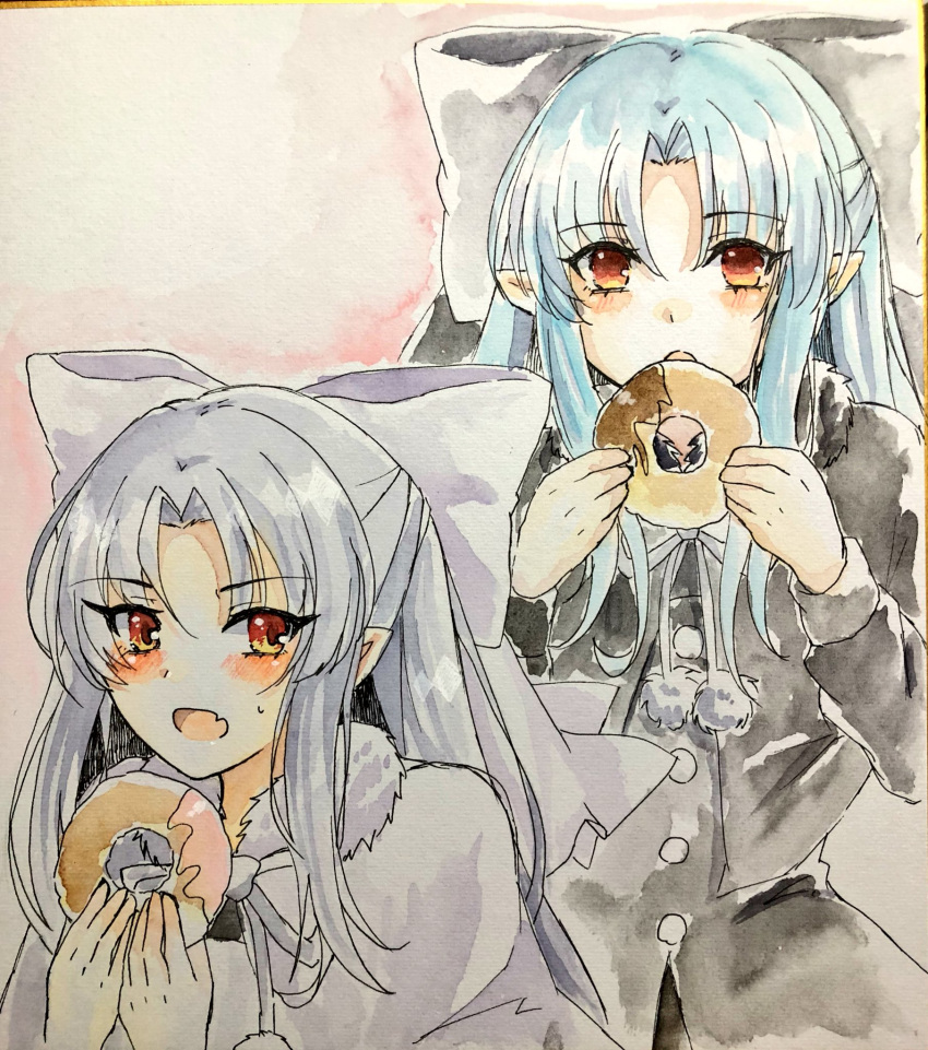 1girl 2girls :o bangs blue_hair blush bow capelet doughnut eyebrows_visible_through_hair fang food fur_trim grey_bow grey_capelet grey_neckwear grey_ribbon hair_bow hands_up highres holding holding_food len long_hair long_sleeves looking_at_viewer multiple_girls neck_ribbon open_mouth parted_bangs photo pointy_ears red_eyes ribbon sweatdrop tanaji traditional_media tsukihime upper_body white_bow white_capelet white_len white_neckwear white_ribbon