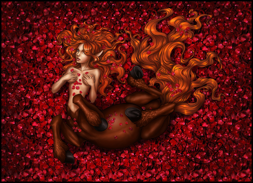 2012 5_fingers black_border blue_eyes border breasts brown_fur centaur covering covering_breasts detailed_background digital_media_(artwork) equine equine_taur eyebrows female fur hair hair_over_eye hi_res hooves long_hair looking_at_viewer lying mammal on_back orange_hair petals quillu reclining solo taur