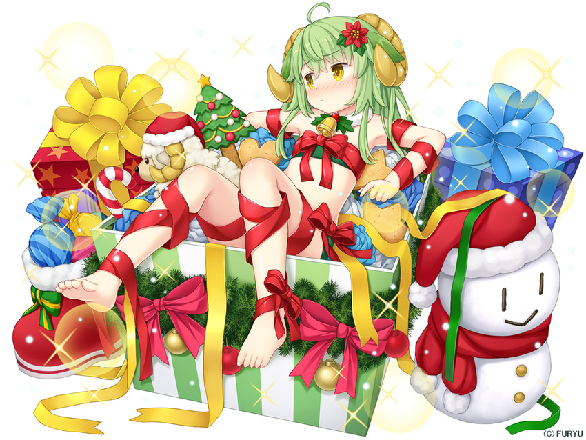:/ ahoge animal_ears armpits asatsuki_(monmusu_harem) bangs bare_shoulders barefoot bell bell_collar blue_ribbon blush box buttons candy candy_cane christmas_ornaments christmas_tree closed_mouth collar company_name embarrassed eyebrows_visible_through_hair flat_chest flower food full_body gift gift_box green_hair green_ribbon hair_between_eyes hair_flower hair_ornament hat horns in_box in_container long_hair looking_away lying monmusu_harem naked_ribbon namaru_(summer_dandy) nose_blush official_art red_ribbon ribbon santa_hat scarf sheep_ears sheep_girl sheep_horns simple_background snowman solo sparkle stuffed_animal stuffed_sheep stuffed_toy white_background yellow_eyes yellow_ribbon