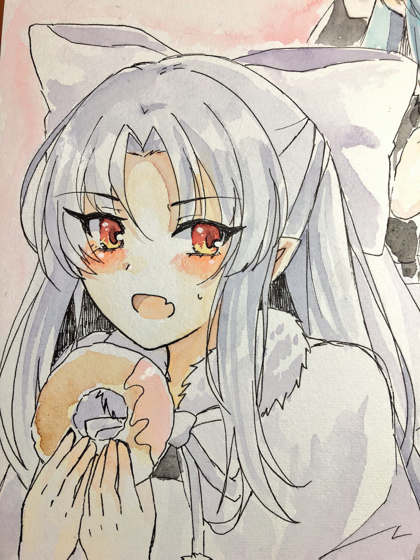 1girl bangs blush bow capelet doughnut fang food fur_trim hair_bow hands_up highres holding long_hair looking_at_viewer neck_ribbon open_mouth parted_bangs photo pointy_ears red_eyes ribbon solo sweatdrop tanaji traditional_media tsukihime upper_body white_bow white_capelet white_len white_neckwear white_ribbon