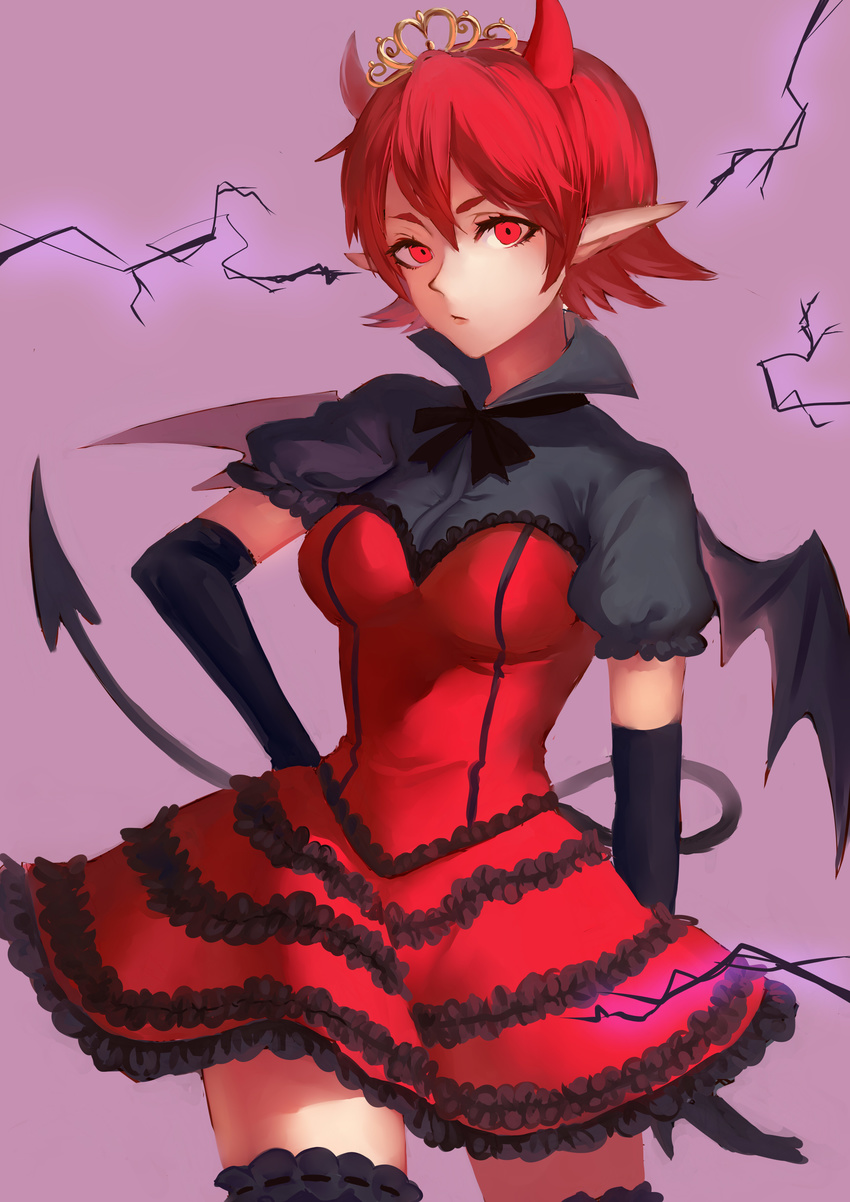 absurdres black_gloves contrapposto demon_girl demon_horns demon_tail demon_wings dress elbow_gloves frilled_dress frills gloves hand_on_hip highres horns kurenai907 lightning looking_at_viewer origami_akara pointy_ears red_dress red_eyes red_hair ribbon-trimmed_legwear ribbon_trim school_girl_strikers short_hair solo standing tail thighhighs tiara wings zettai_ryouiki