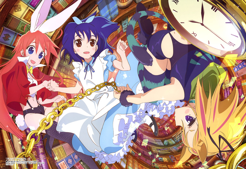 :d absurdres alice_(wonderland) alice_(wonderland)_(cosplay) alice_in_wonderland animal_ears blonde_hair blue_hair blush_stickers bunny_ears chain cheshire_cat cheshire_cat_(cosplay) clock cosplay flip_flappers high_heels highres kojima_takashi kokomine_cocona long_hair multiple_girls official_art open_mouth orange_hair papika_(flip_flappers) pocket_watch smile suspenders tail watch white_rabbit white_rabbit_(cosplay) yayaka