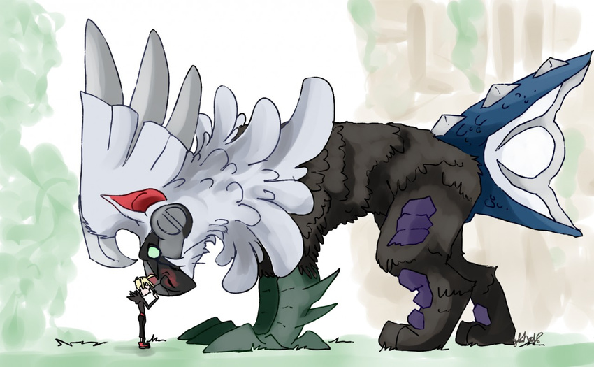 all_fours barefoot clothed clothing crossover eyes_closed feathers feral fin footwear fur gladion_(pokemon) hair human mammal nelsonnoir nintendo nude pants pok&eacute;mon shoes silvally size_difference standing sweater the_last_guardian video_games